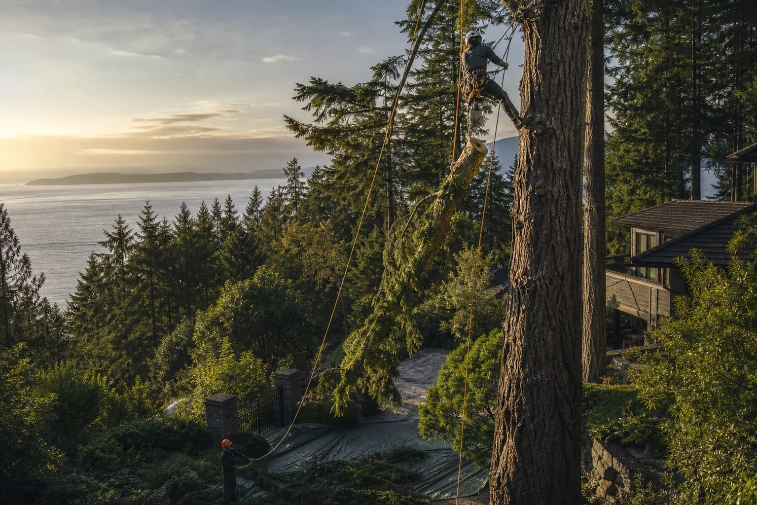 Arborist rigging a large Douglas fir beside a Nanaimo home